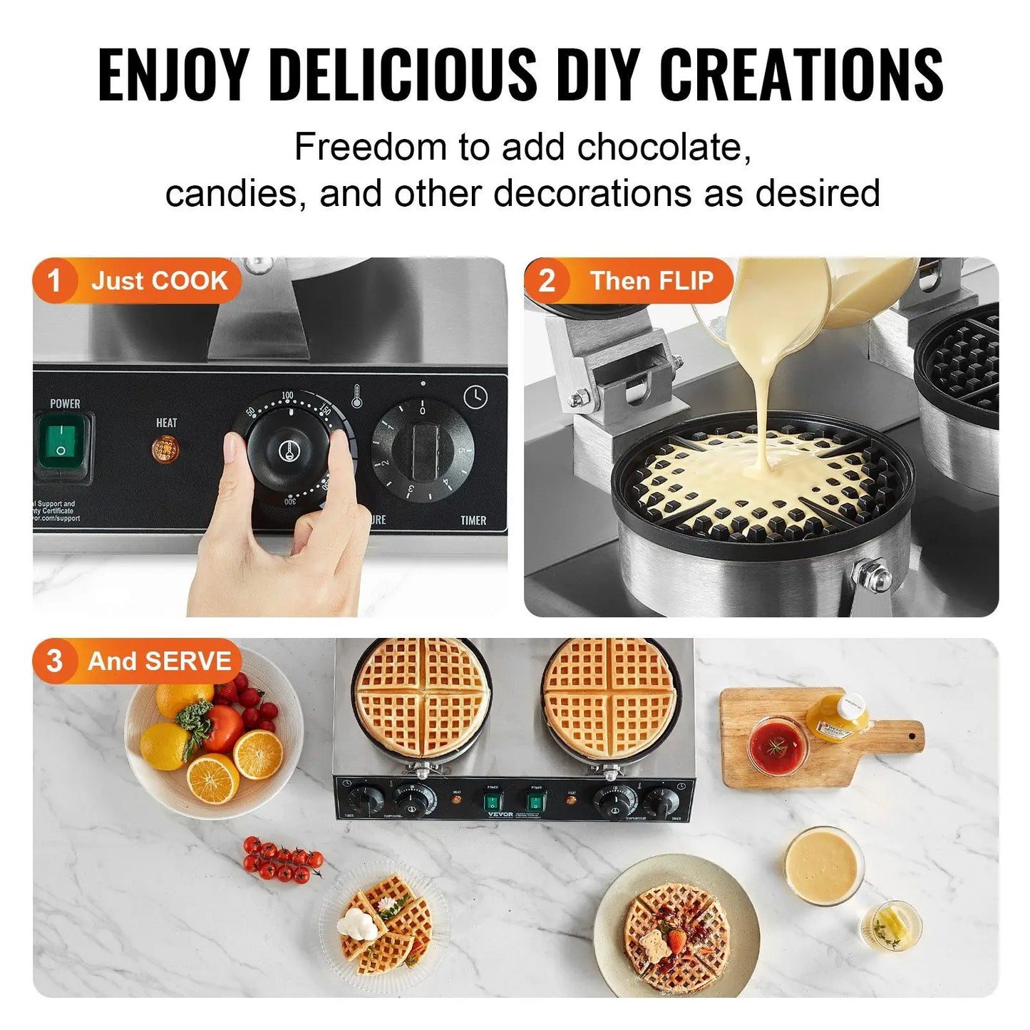 Commercial Waffle Maker Double Head Waffle Iron Machine 110V 2460W Nonstick Muffins Baking Machine, Adjustable Temperature