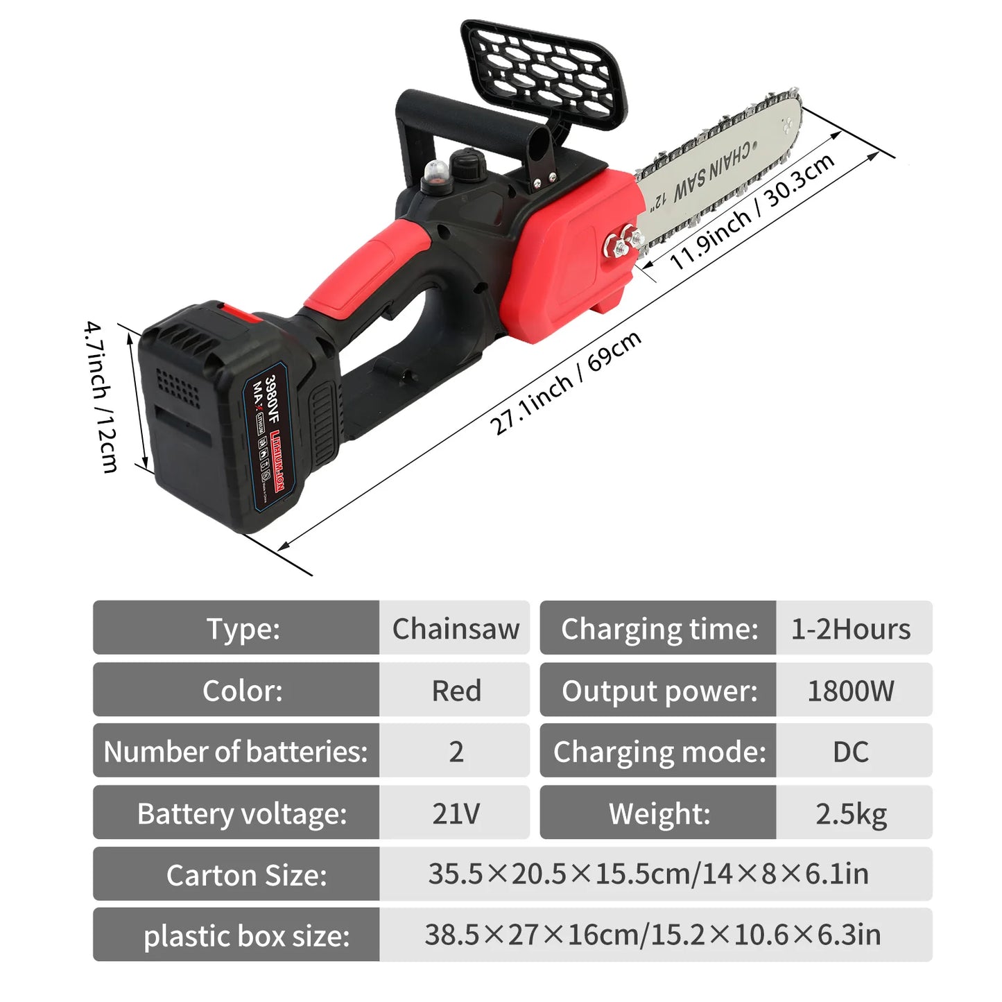 12" Cordless Chainsaw Handheld Electric 1800W 21V Brushless One-Handed Power Tool Two1.5Ah Batteries Tree Branch Wood Cutting