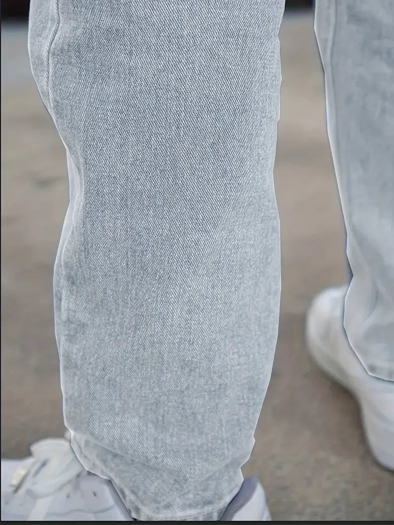 Men's Classic Straight-Leg Denim Jeans - Casual Style, Non-Stretch, Machine Washable, Solid Light Blue, Cotton/Polyester Blend,