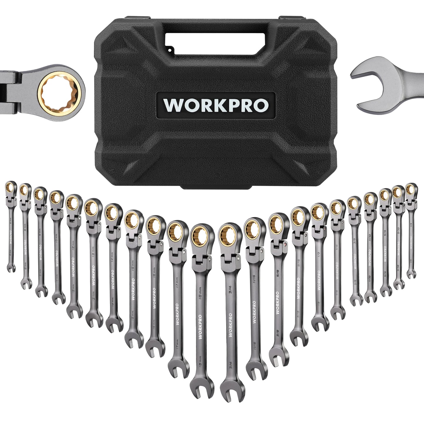 WORKPRO 22pcs Ratcheting Wrench Set Flex-Head Ratchet Combination Wrench Sets with Organizer Box 72 Teeth