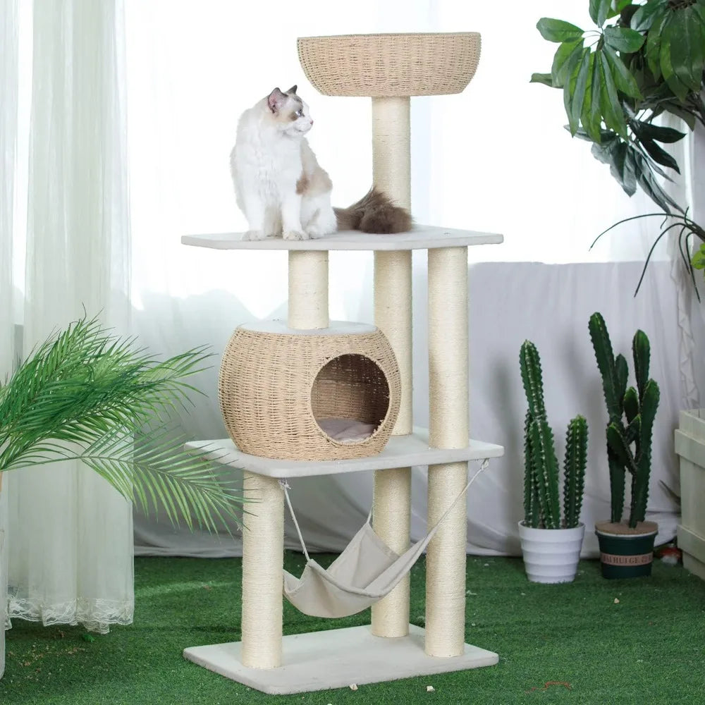 Cat Tree for Indoor Cats, 52.4 Inch Tall, with Scratching Post and Hammock