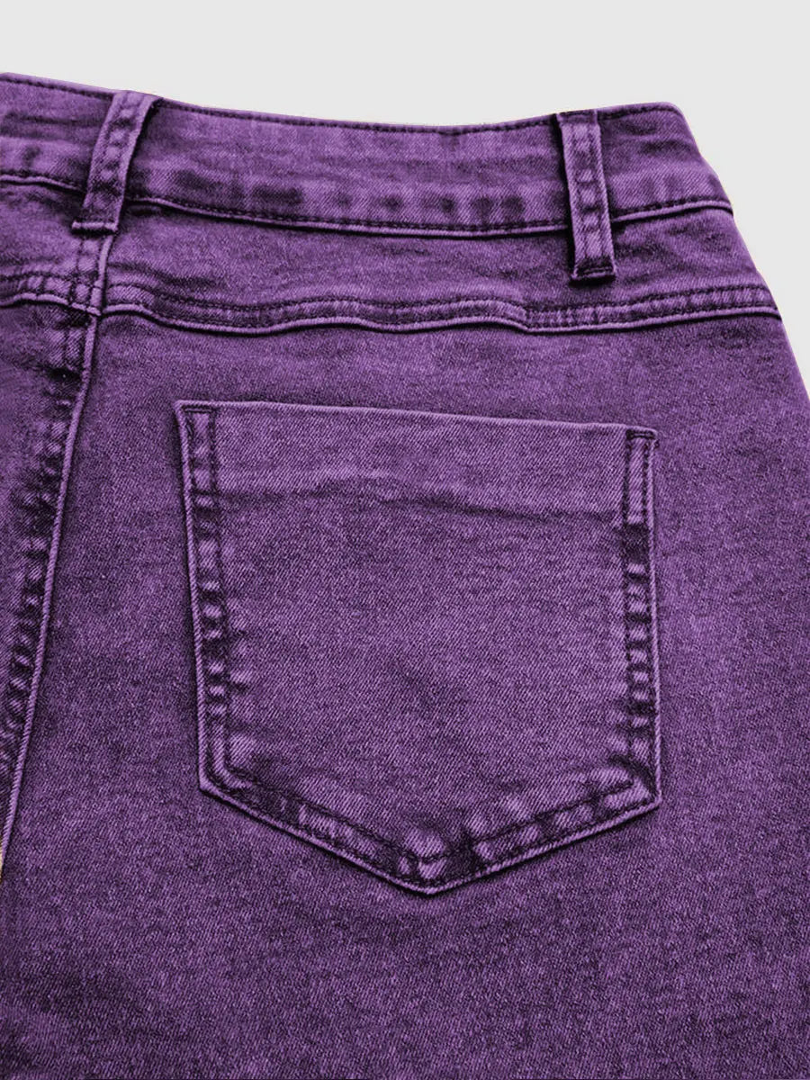 Ladies' vintage purple flared jeans. Distressed, elastic, slimming, casual, mid-rise jeans.