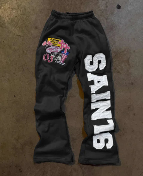 sporty sweatpants with embroidered logo patches and decals, loose and straight style