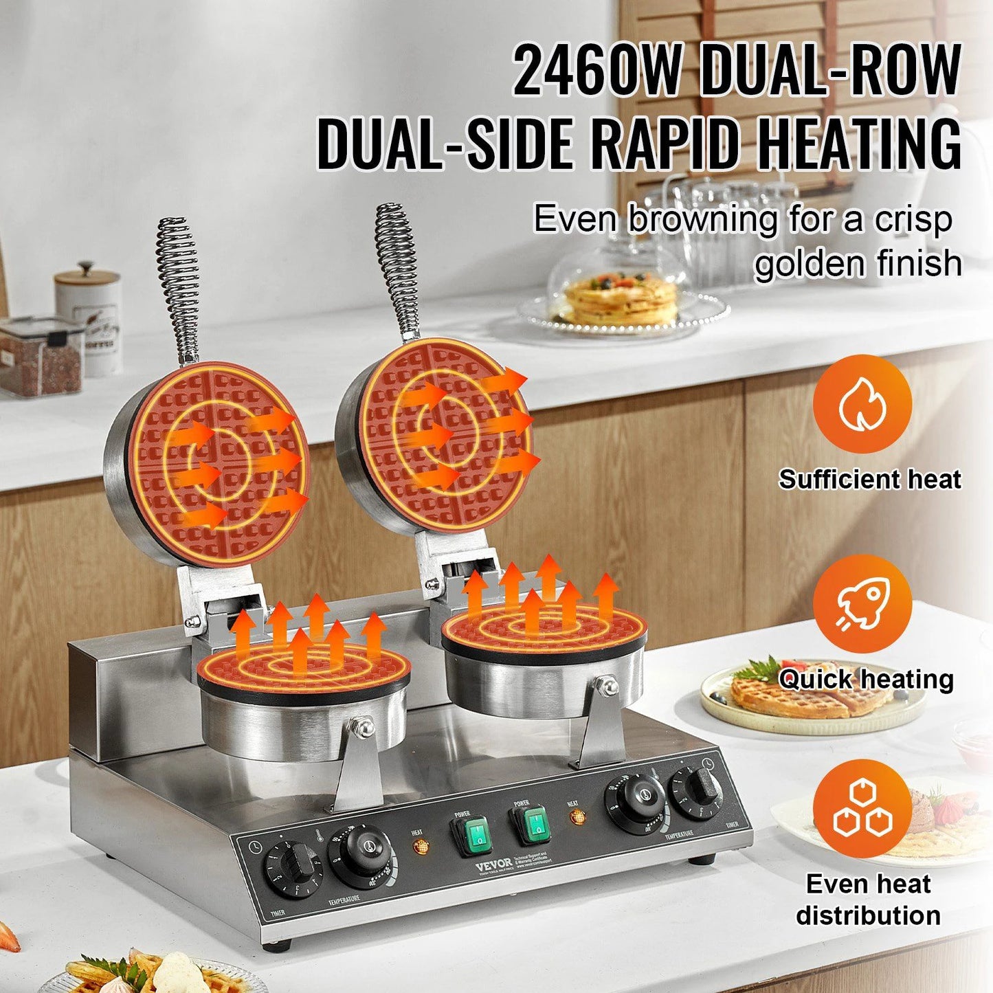 Commercial Waffle Maker Double Head Waffle Iron Machine 110V 2460W Nonstick Muffins Baking Machine, Adjustable Temperature