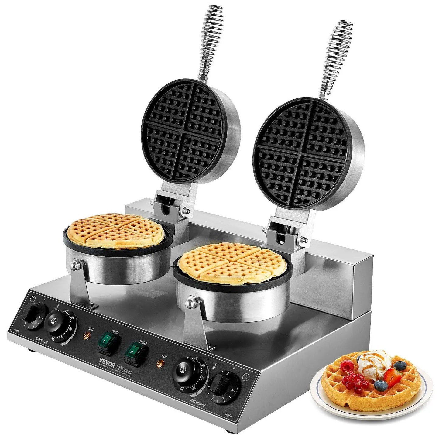 Commercial Waffle Maker Double Head Waffle Iron Machine 110V 2460W Nonstick Muffins Baking Machine, Adjustable Temperature