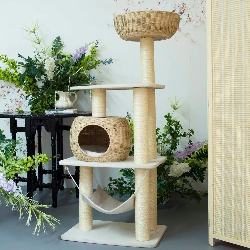 Cat Tree for Indoor Cats, 52.4 Inch Tall, with Scratching Post and Hammock