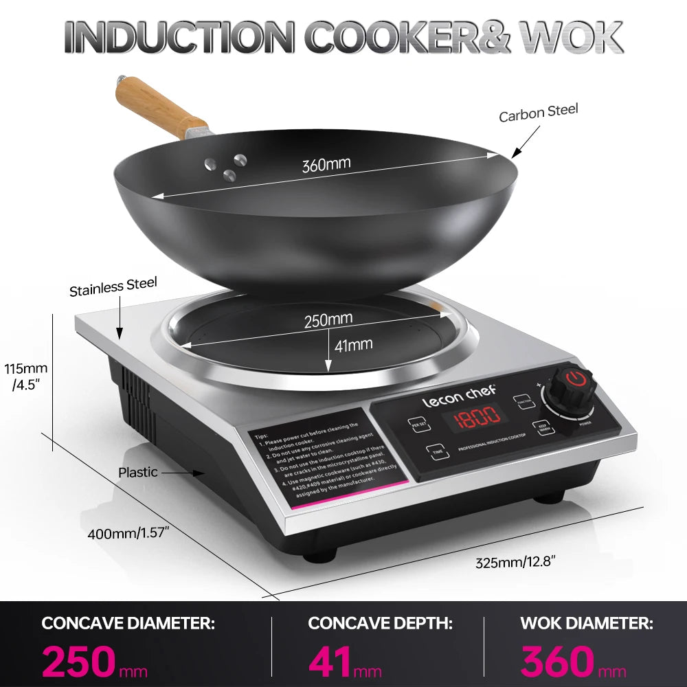 Lecon Chef Induction Cooker with Wok 1800W Electric Induction Burner with 11-Level, Timer and Preset, 14" Carbon Steel included
