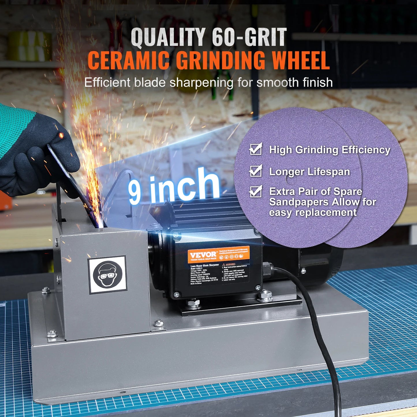 SucceBuy Lawn Mower Blade Sharpener 750W Lawnmower Blade Grinder 9-inch Ceramic Grinding Wheel Bench Mower Sharpening Machine