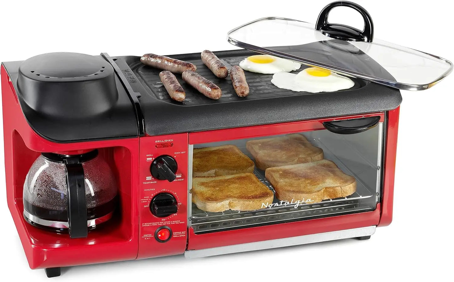 3-in-1 Breakfast Station: Coffee Maker, Griddle & Toaster Oven with Timer - Red