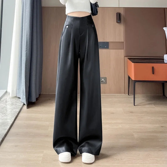 2025 New Autumn Winter Vintage High Waist Women's Black PU Leather Wide-Leg Pants Pockets Casual Loose Floor-Length Pants Female