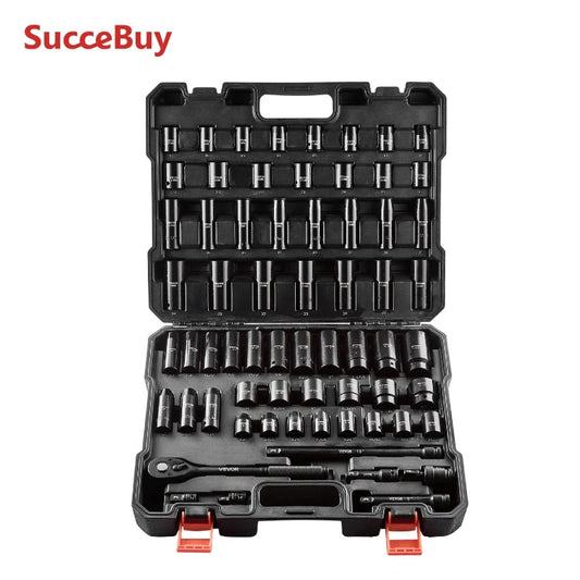 SucceBuy 26/65PCs US Drive Impact Socket Set Deep Standard Socket Set SAE Metric 6 Point CR-V Cr-Mo Alloy Steel Auto Repair