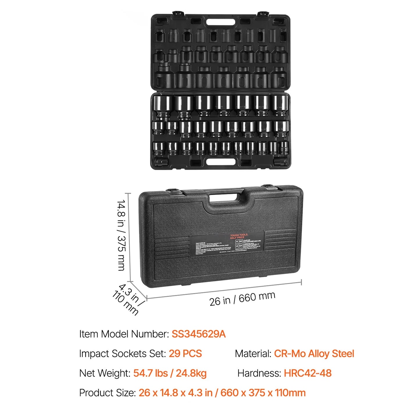 SucceBuy 26/65PCs US Drive Impact Socket Set Deep Standard Socket Set SAE Metric 6 Point CR-V Cr-Mo Alloy Steel Auto Repair