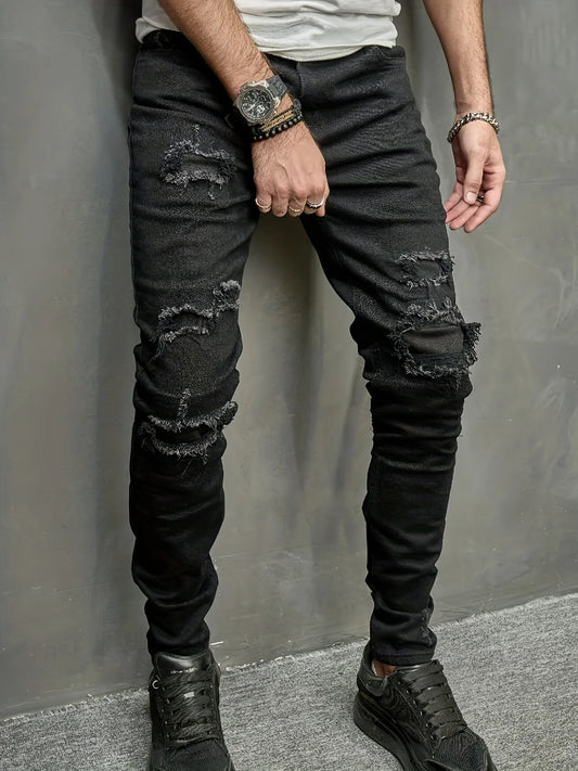 Men's slim fit jeans with torn holes, fabric patch, small feet, tight fitting denim pants