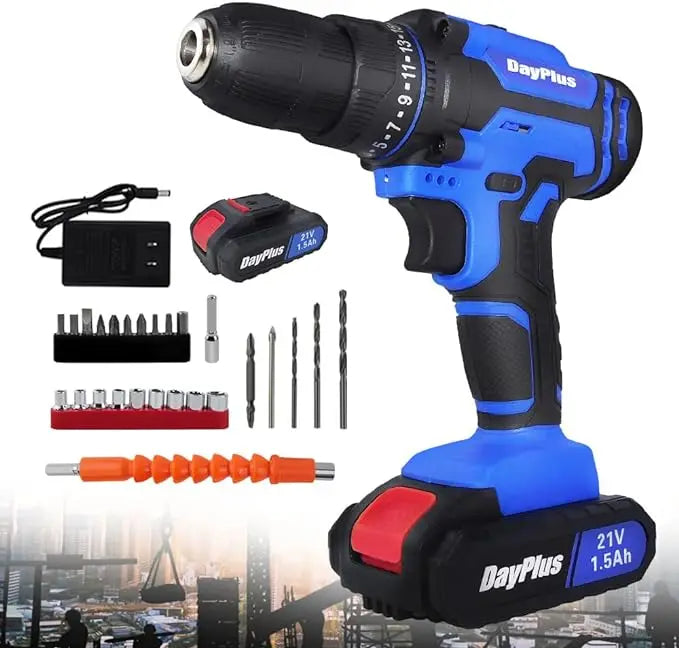 21V Electric Drill Driver, Kit with 1 Battery and Charger, 26 Drill/Screwdriver Bits, DIY Home Use