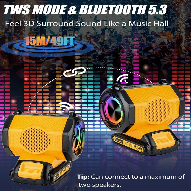 30W Cordless Speaker Bluetooth Player Loudspeaker Amplifier for Dewalt 18V 20V Li-ion Battery Jobsites, Home and Party
