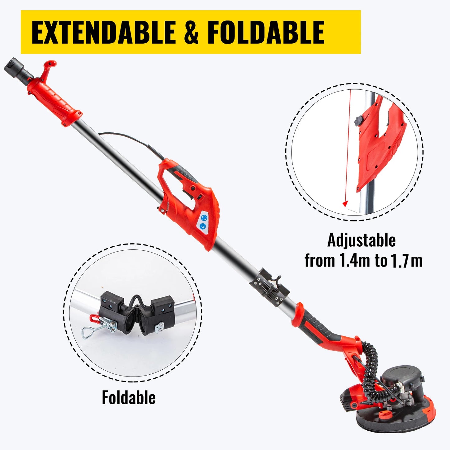 SucceBuy Drywall Sander 850W Variable Speed 800-1750RPM Electric Drywall Sander Foldable Sheetrock Sander with Handle Vacuum Bag