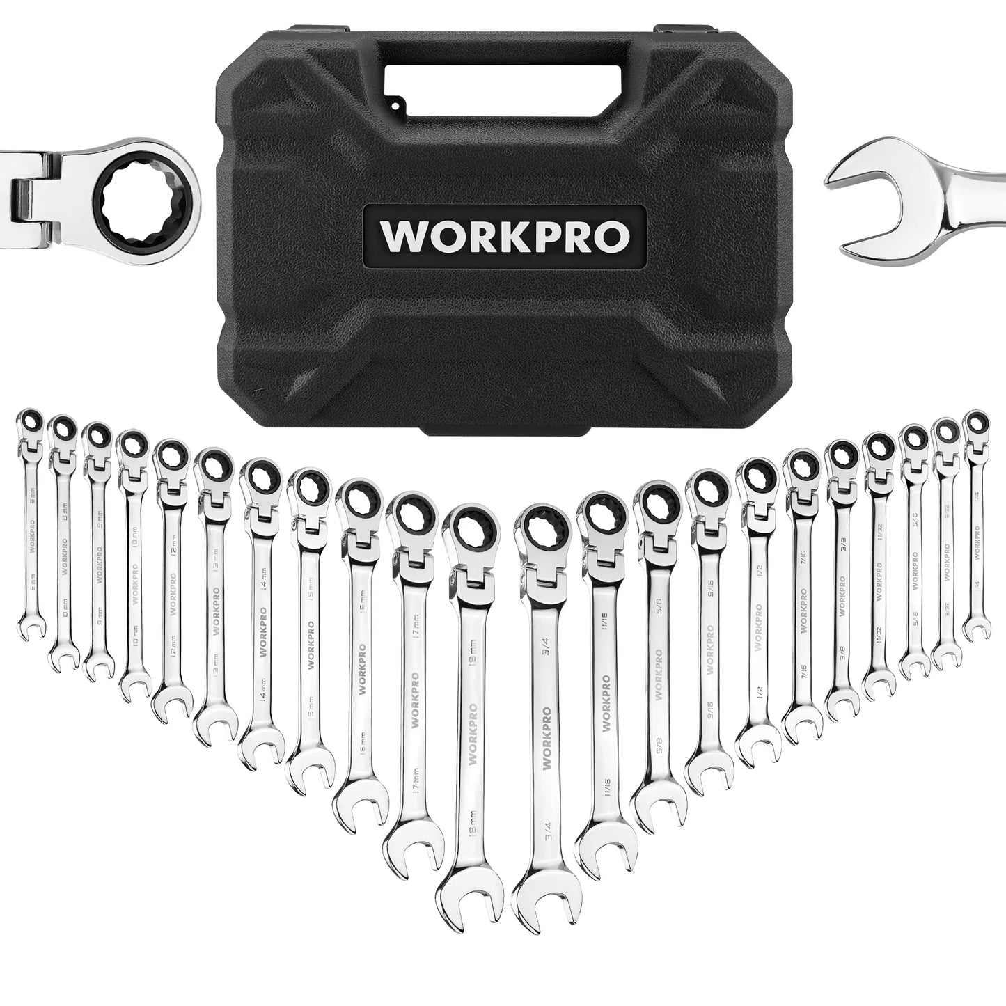 WORKPRO 22pcs Ratcheting Wrench Set Flex-Head Ratchet Combination Wrench Sets with Organizer Box 72 Teeth