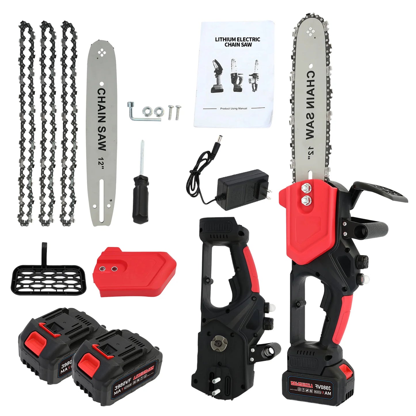 12" Cordless Chainsaw Handheld Electric 1800W 21V Brushless One-Handed Power Tool Two1.5Ah Batteries Tree Branch Wood Cutting