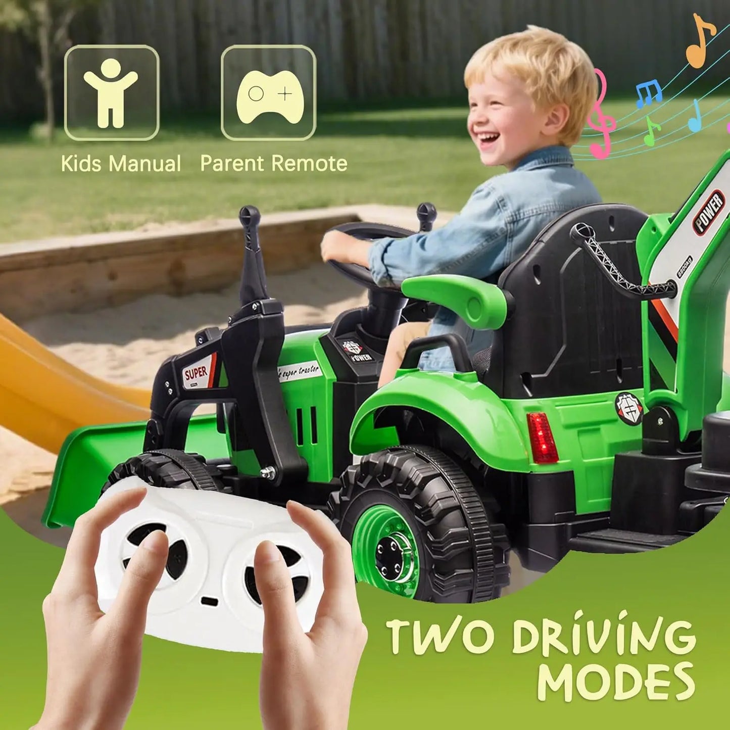 24V Ride On Tractor 4-in-1 Electric Car for Kids with Construction Attachments Remote Control, Music, LED Light