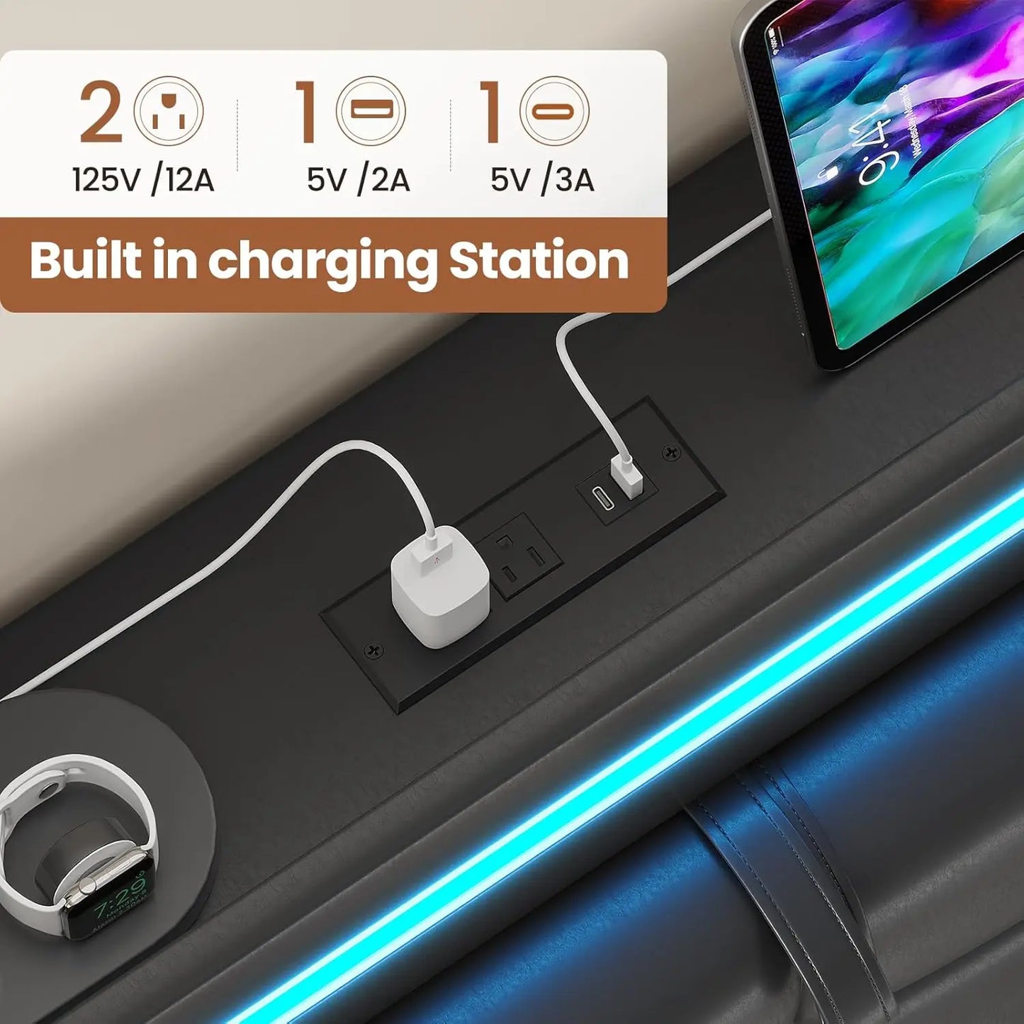 Twin Bed Frame with Storage Headboard, 4 Drawers, LED & Charging, Upholstered, No Box Spring, Black PU