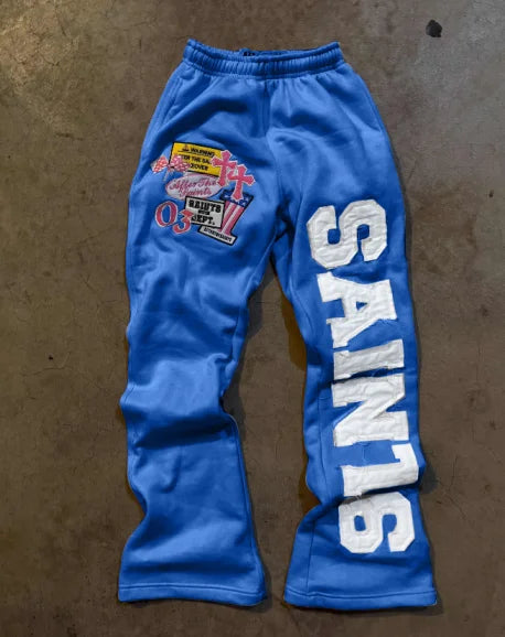 sporty sweatpants with embroidered logo patches and decals, loose and straight style