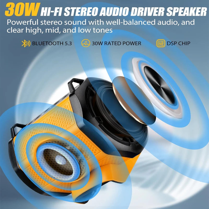 30W Cordless Speaker Bluetooth Player Loudspeaker Amplifier for Dewalt 18V 20V Li-ion Battery Jobsites, Home and Party