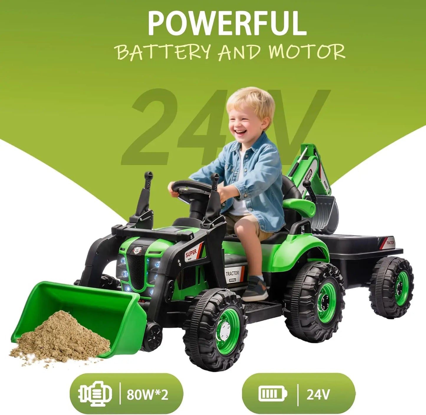 24V Ride On Tractor 4-in-1 Electric Car for Kids with Construction Attachments Remote Control, Music, LED Light