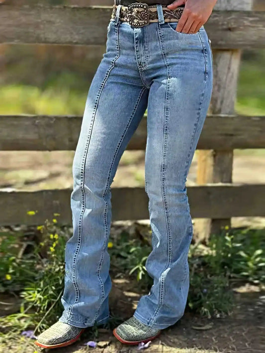 Women's Vintage Distressed Line Flared Jeans, Slim Fit, Mid Rise, Stretchable, Casual, Washed Denim Bell Bottoms