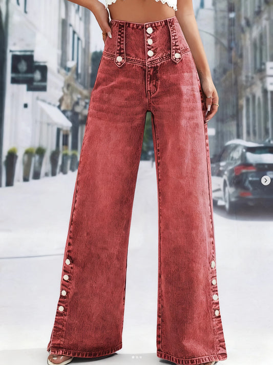 Ladies' vintage red-brown wide-leg jeans. Multiple buttons, slightly stretchy, mid-rise, casual and fashionable denim trousers.