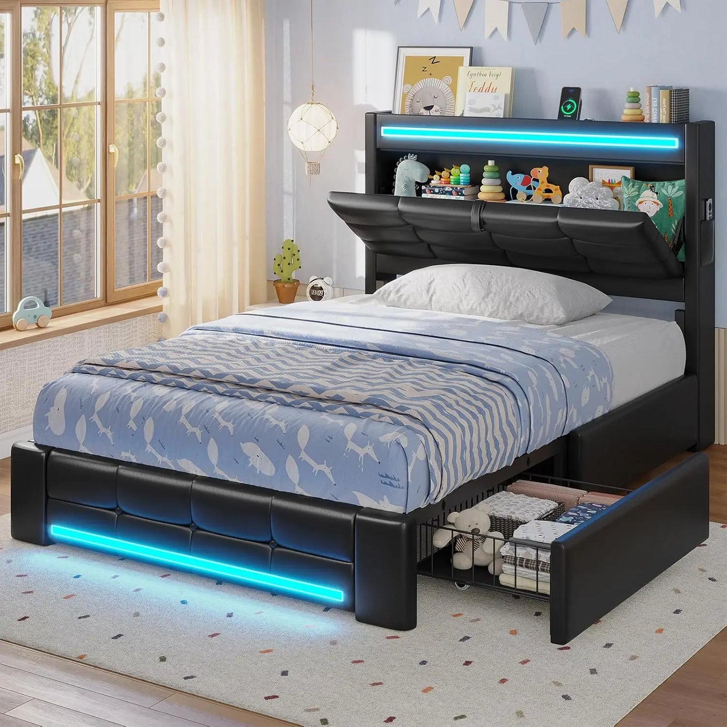 Twin Bed Frame with Storage Headboard, 4 Drawers, LED & Charging, Upholstered, No Box Spring, Black PU