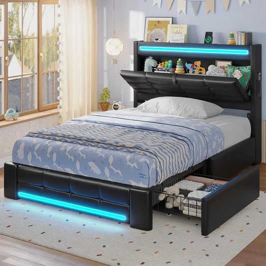 Twin Bed Frame with Storage Headboard, 4 Drawers, LED & Charging, Upholstered, No Box Spring, Black PU