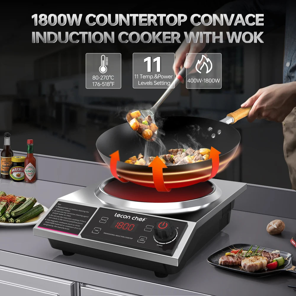 Lecon Chef Induction Cooker with Wok 1800W Electric Induction Burner with 11-Level, Timer and Preset, 14" Carbon Steel included