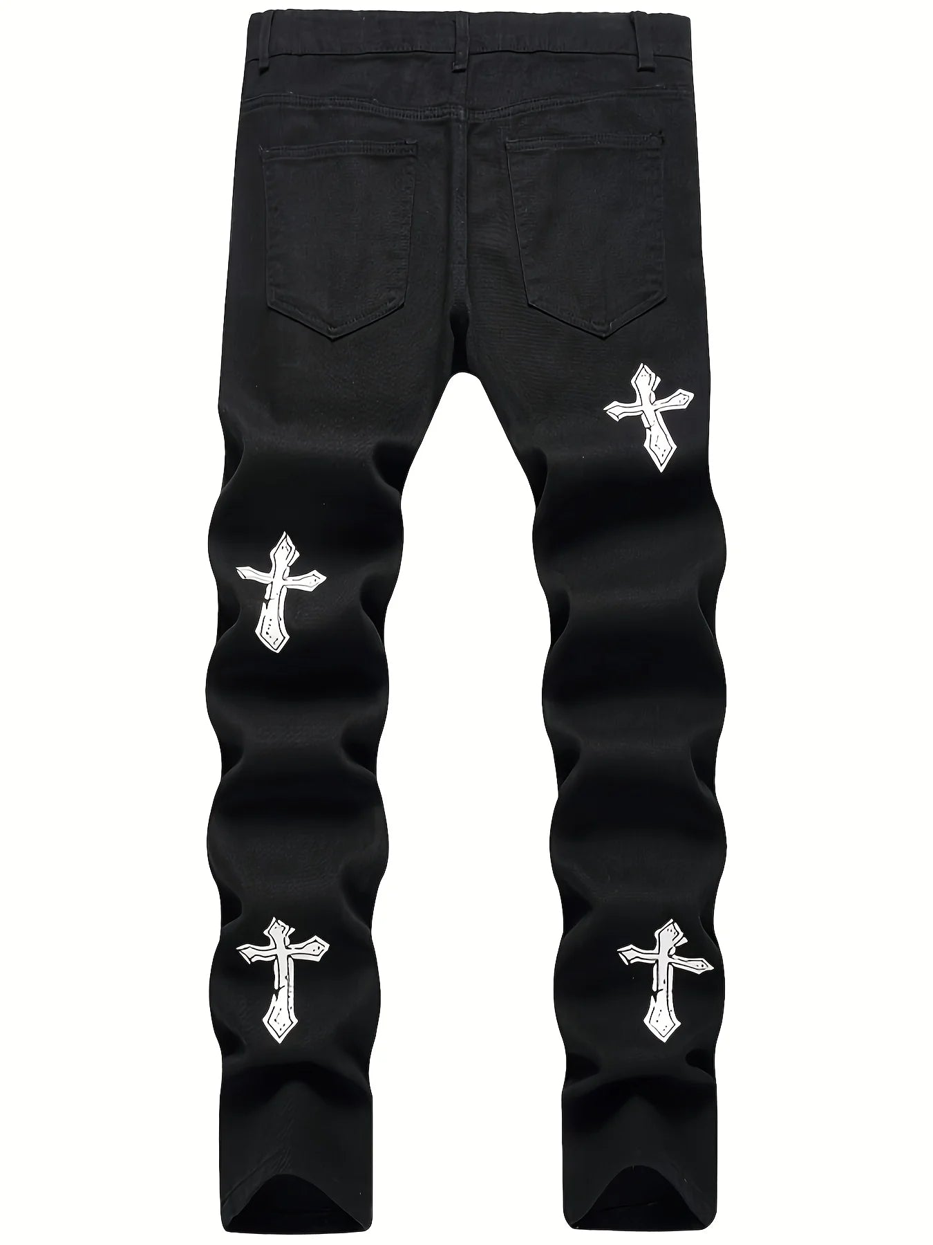 High street black youth cross print elastic hole patch tight jeans for men
