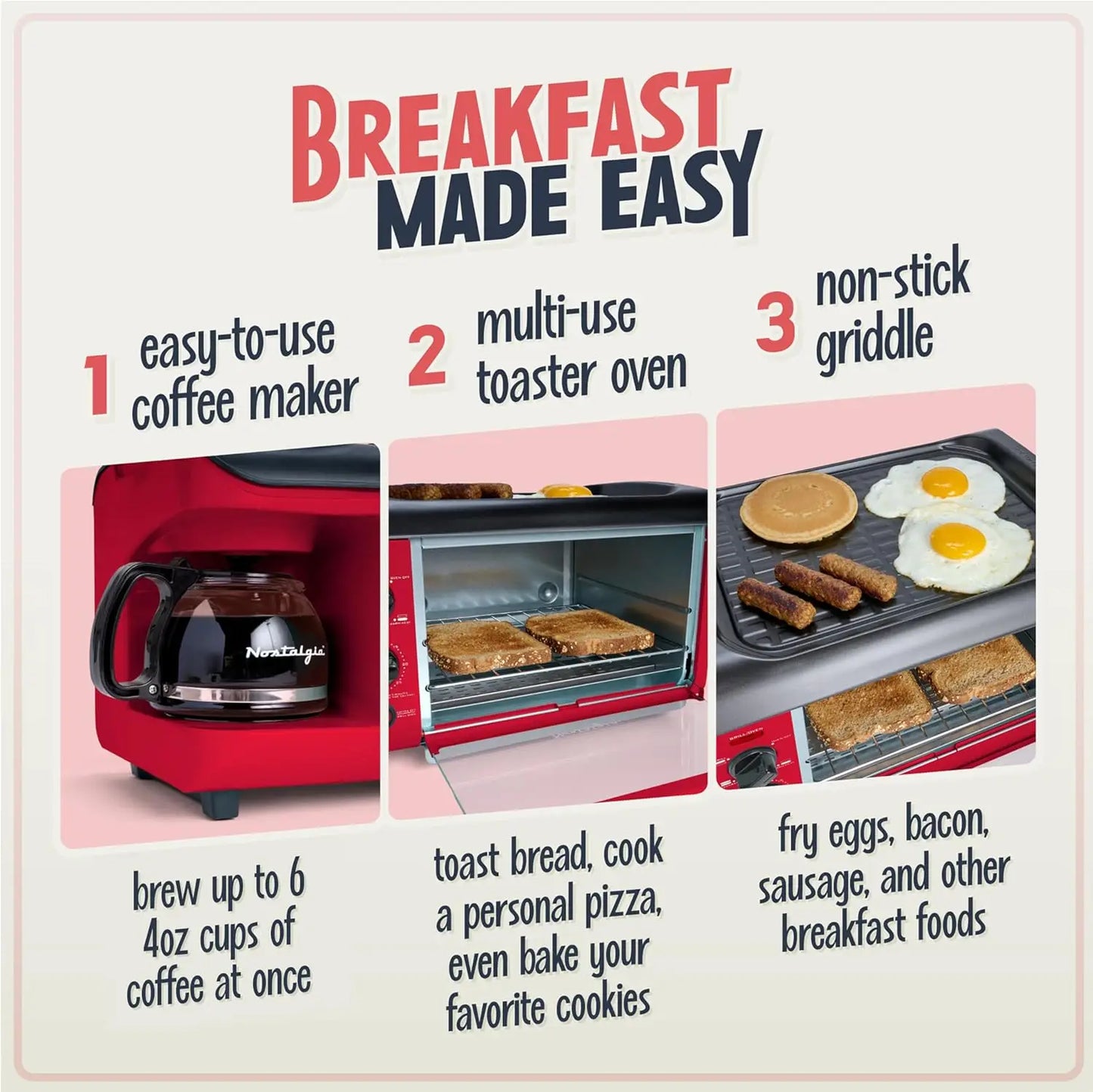 3-in-1 Breakfast Station: Coffee Maker, Griddle & Toaster Oven with Timer - Red