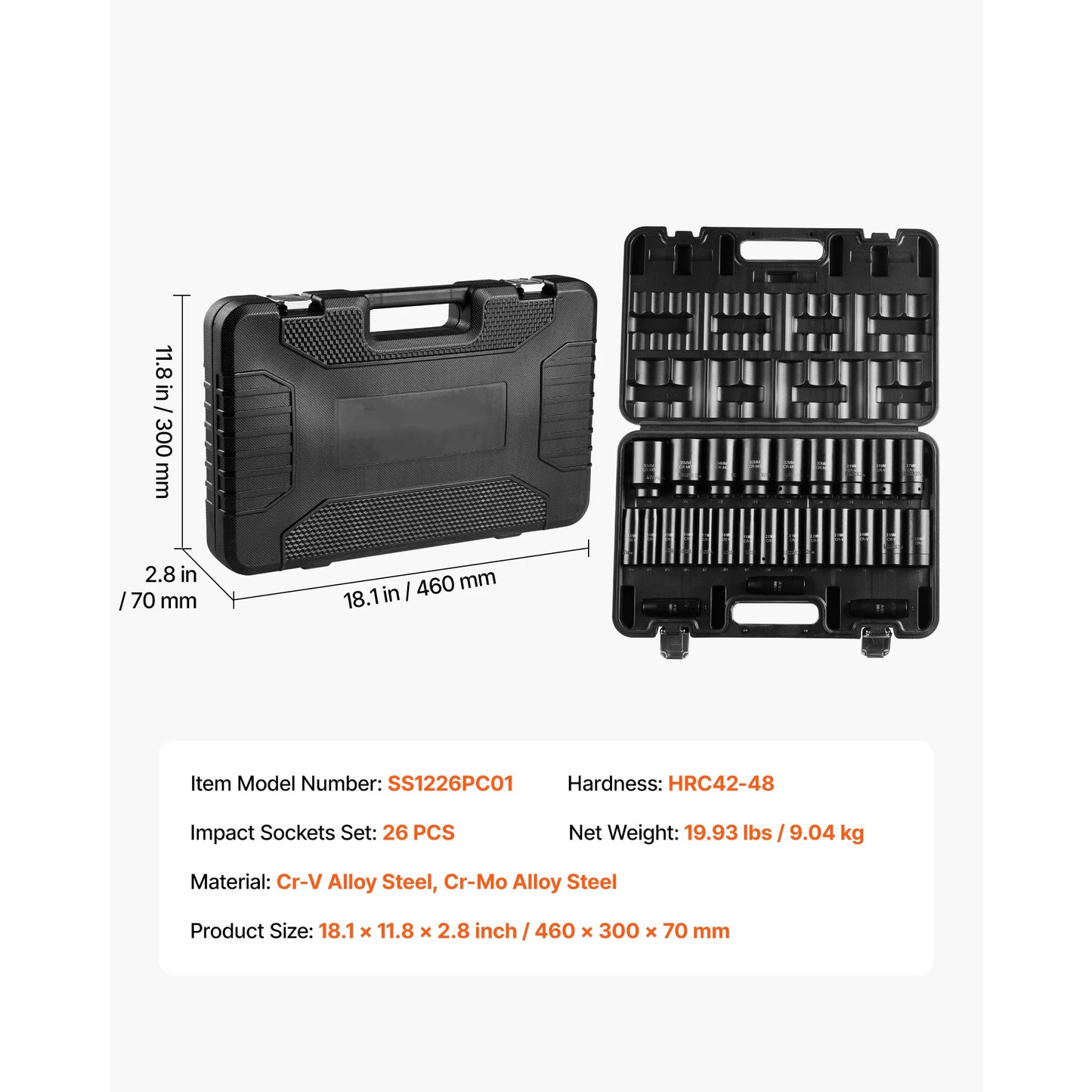 SucceBuy 26/65PCs US Drive Impact Socket Set Deep Standard Socket Set SAE Metric 6 Point CR-V Cr-Mo Alloy Steel Auto Repair