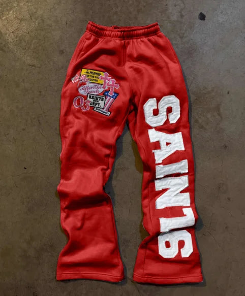 sporty sweatpants with embroidered logo patches and decals, loose and straight style