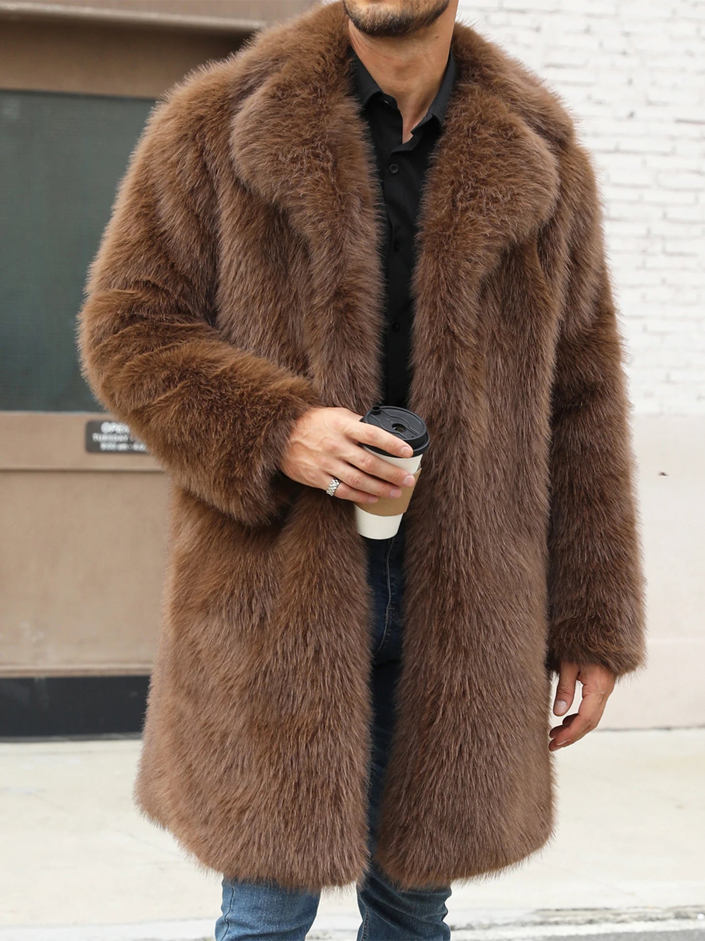 Men s Faux Fur Coat Winter Warm Long Sleeve Lapel Collar Open Front Jacket Overcoat Outwear with Stylish Design and Comfortable