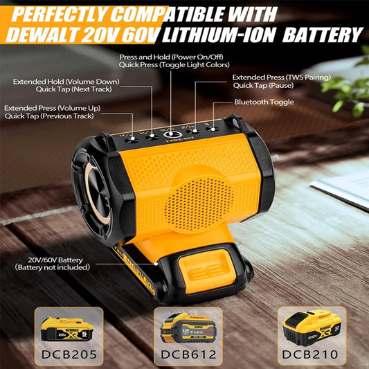 30W Cordless Speaker Bluetooth Player Loudspeaker Amplifier for Dewalt 18V 20V Li-ion Battery Jobsites, Home and Party