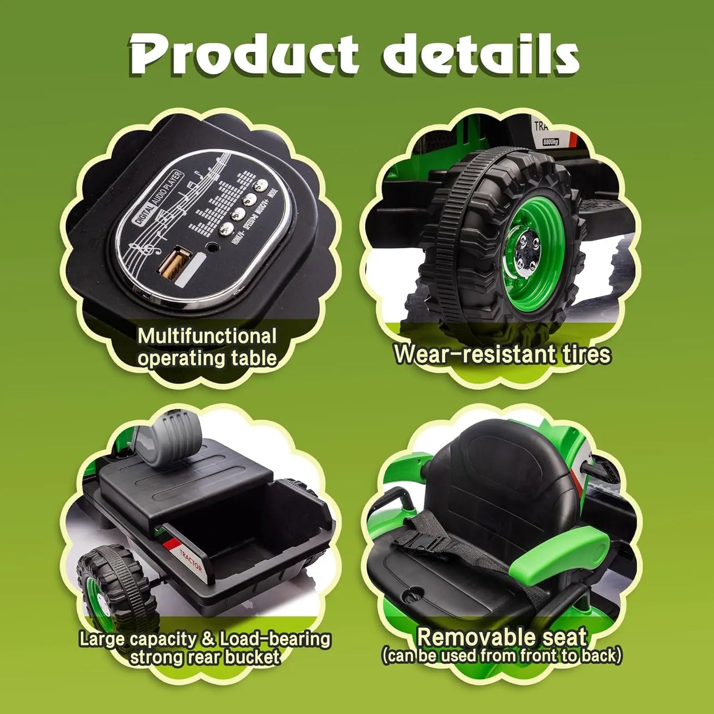 24V Ride On Tractor 4-in-1 Electric Car for Kids with Construction Attachments Remote Control, Music, LED Light