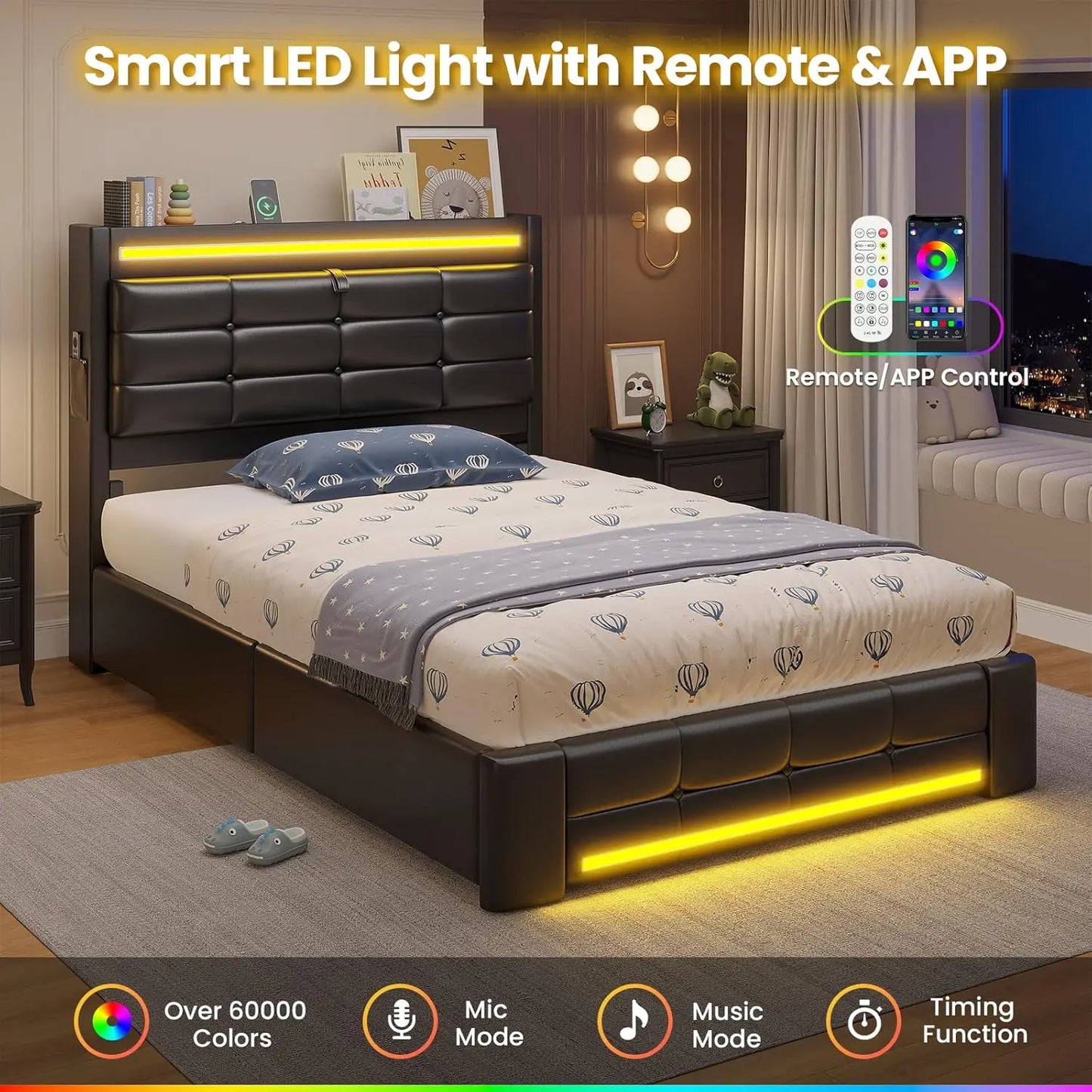 Twin Bed Frame with Storage Headboard, 4 Drawers, LED & Charging, Upholstered, No Box Spring, Black PU