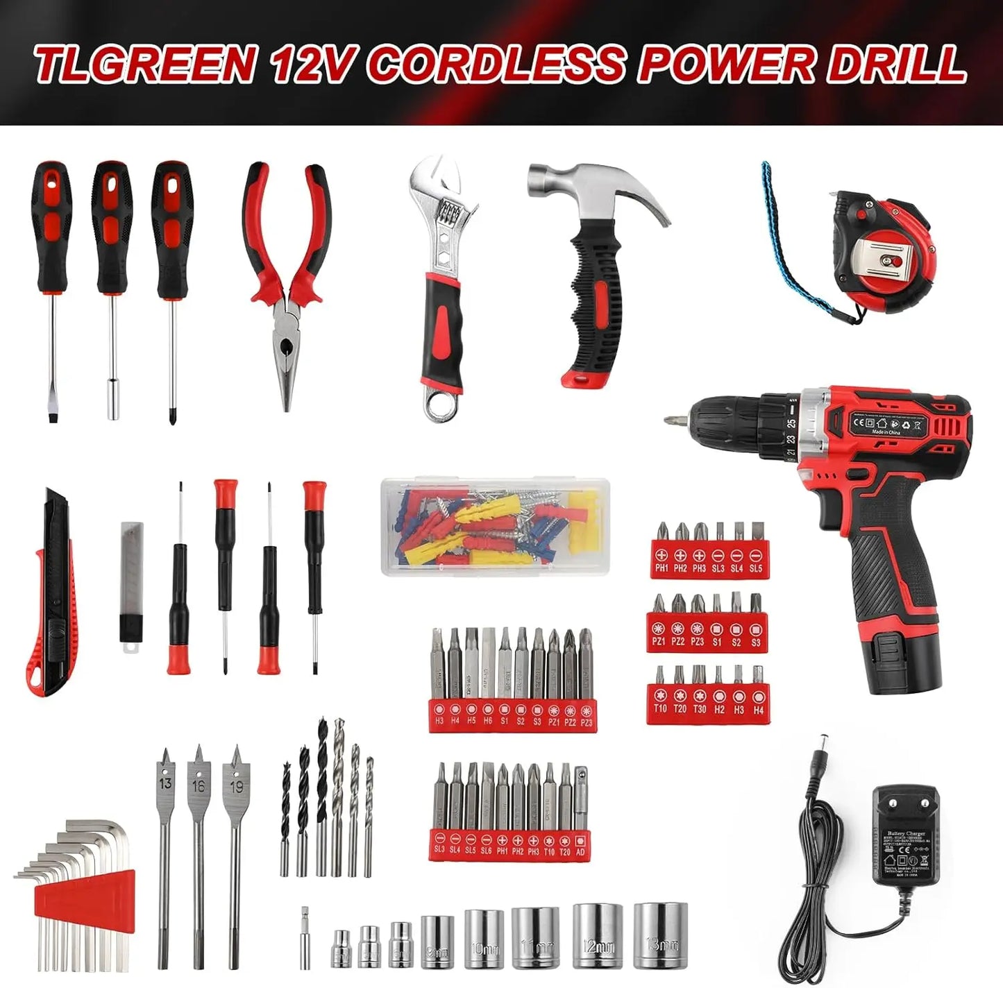 138 Pcs Power Tool Set with 12V Cordless Drill Home DIY Repairs Tool box for Repairs and Maintenance