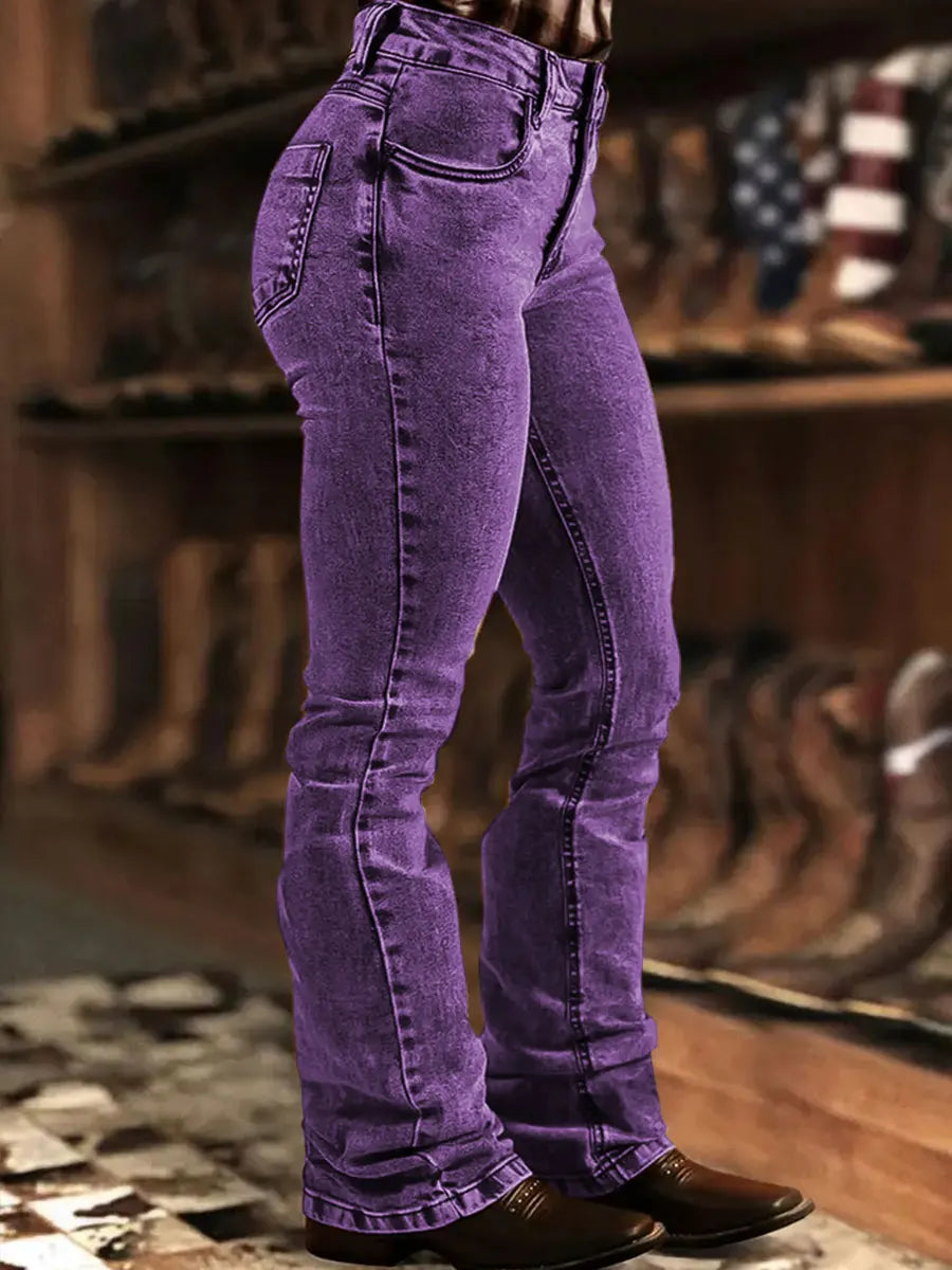 Ladies' vintage purple flared jeans. Distressed, elastic, slimming, casual, mid-rise jeans.