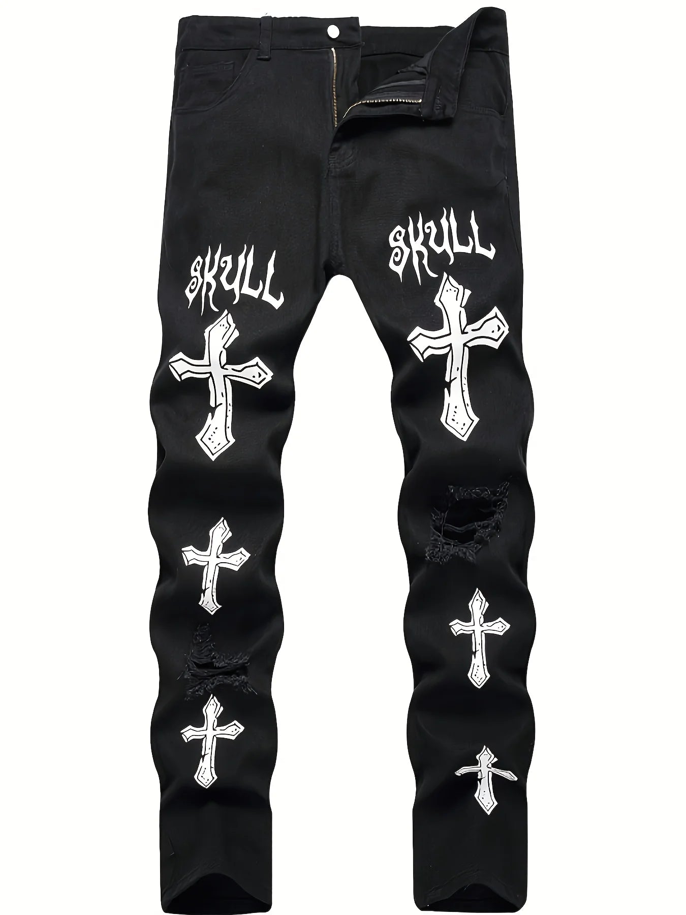 High street black youth cross print elastic hole patch tight jeans for men