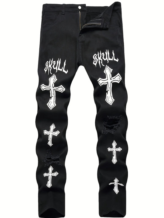 High street black youth cross print elastic hole patch tight jeans for men