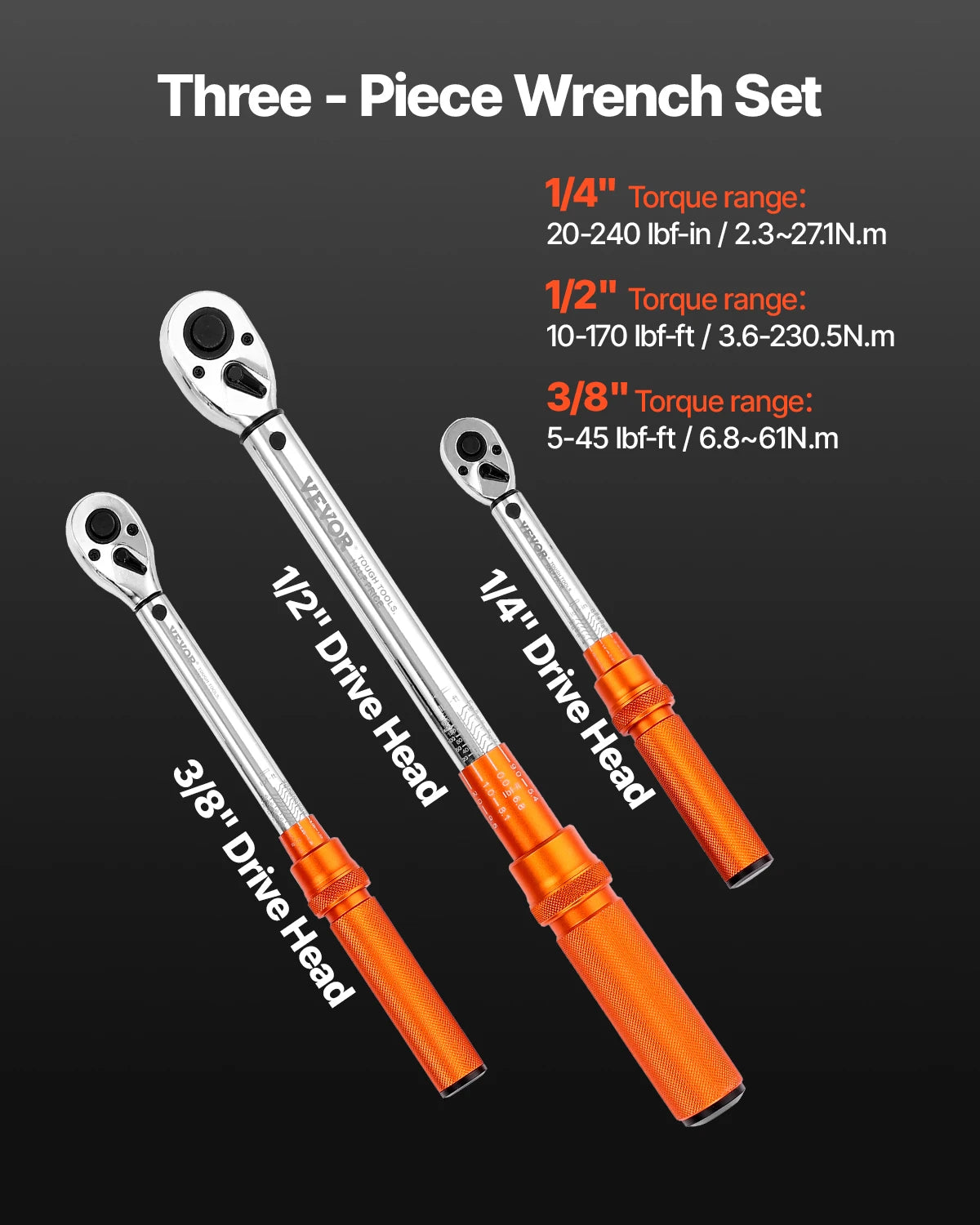 VEVOR  3PCs Click Torque Wrench Set1/4, 3/8, 1/2 Inch Drive Dual-direction and Dual Range Scales 72-Tooth for Bicycle Repair