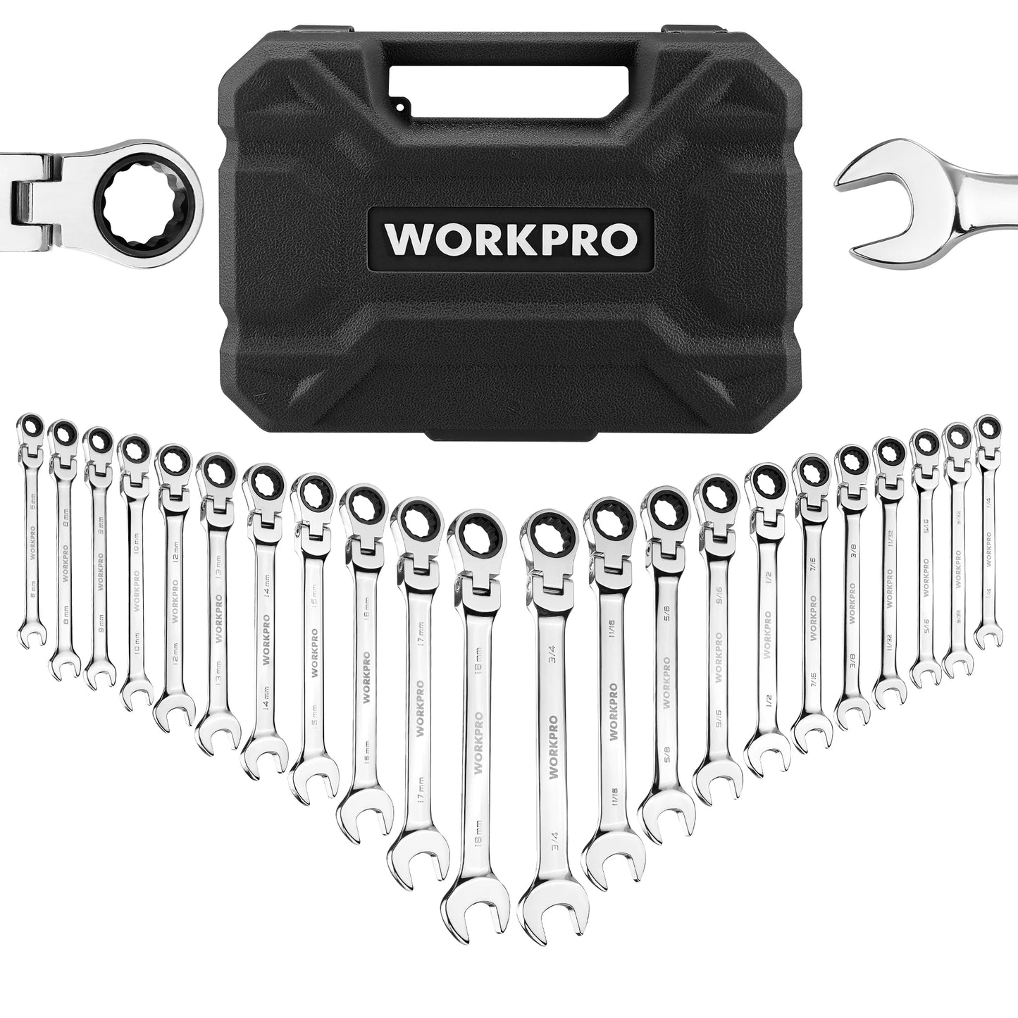 WORKPRO 22pcs Ratcheting Wrench Set Flex-Head Ratchet Combination Wrench Sets with Organizer Box 72 Teeth