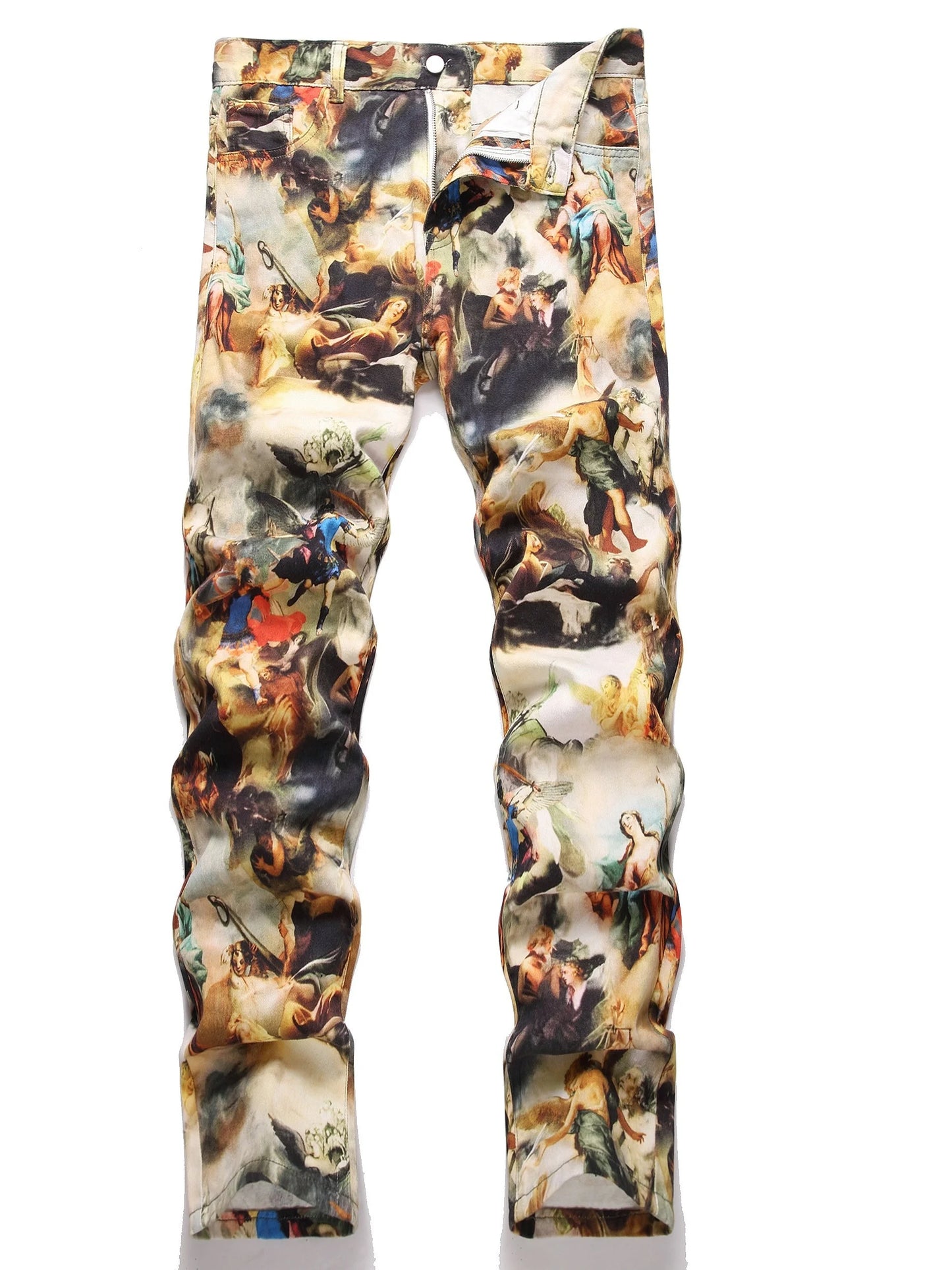 Men's creative oil painting printed jeans, European retro denim straight leg pants