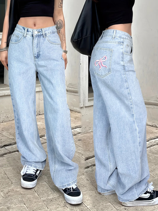Ladies' Snowflake Embroidered Jeans Fashion Street Commuting Embroidered Bow Wide Leg Jeans
