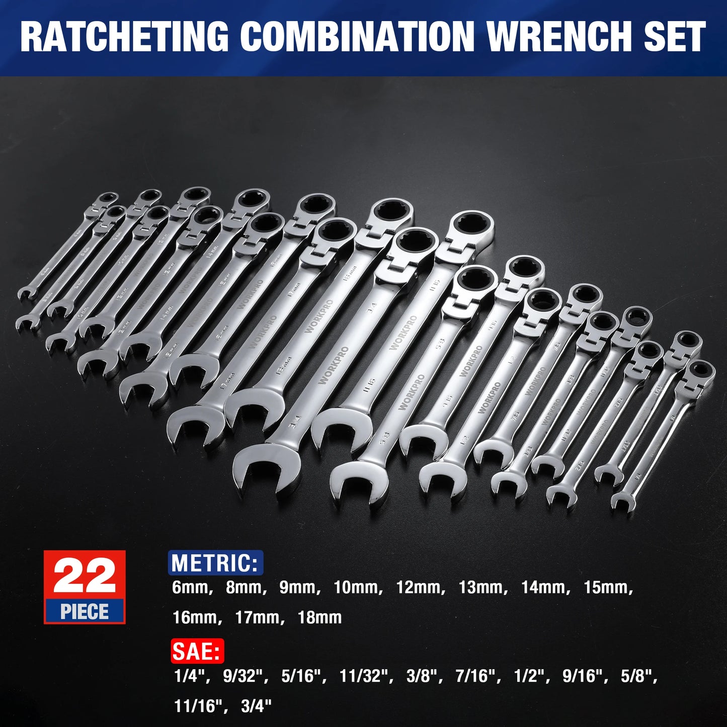 WORKPRO 22pcs Ratcheting Wrench Set Flex-Head Ratchet Combination Wrench Sets with Organizer Box 72 Teeth