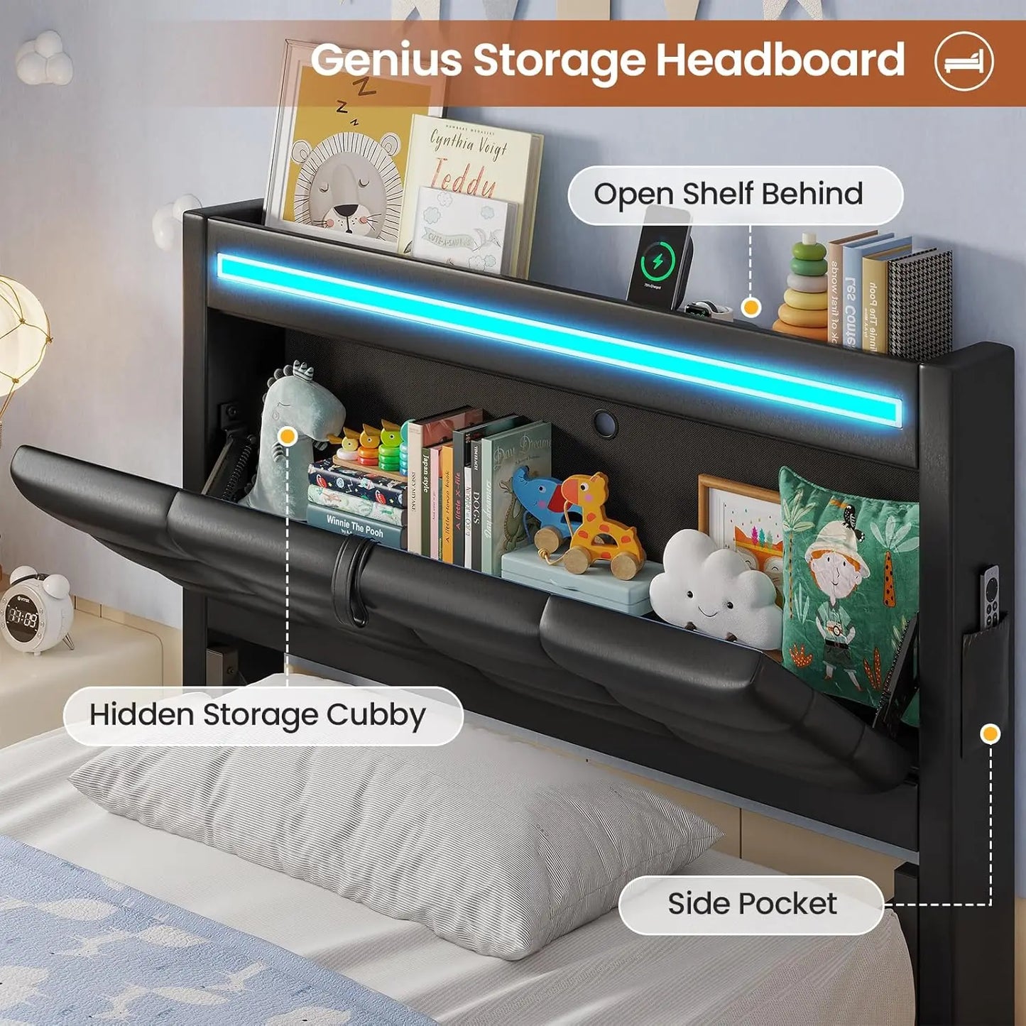 Twin Bed Frame with Storage Headboard, 4 Drawers, LED & Charging, Upholstered, No Box Spring, Black PU